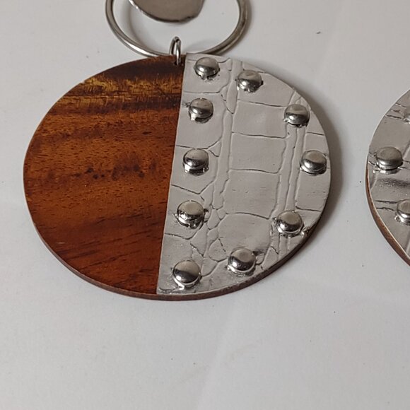 Very Large Wood And Metal Dangle Earrings - Picture 8 of 16